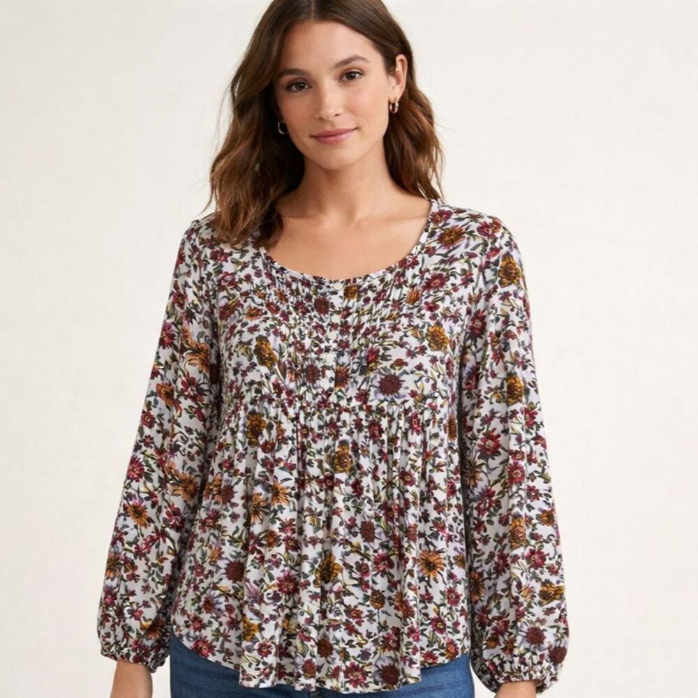 Jane & Delancey Floral Pintuck Babydoll Top Womens XL Relaxed Garden Girl Boho